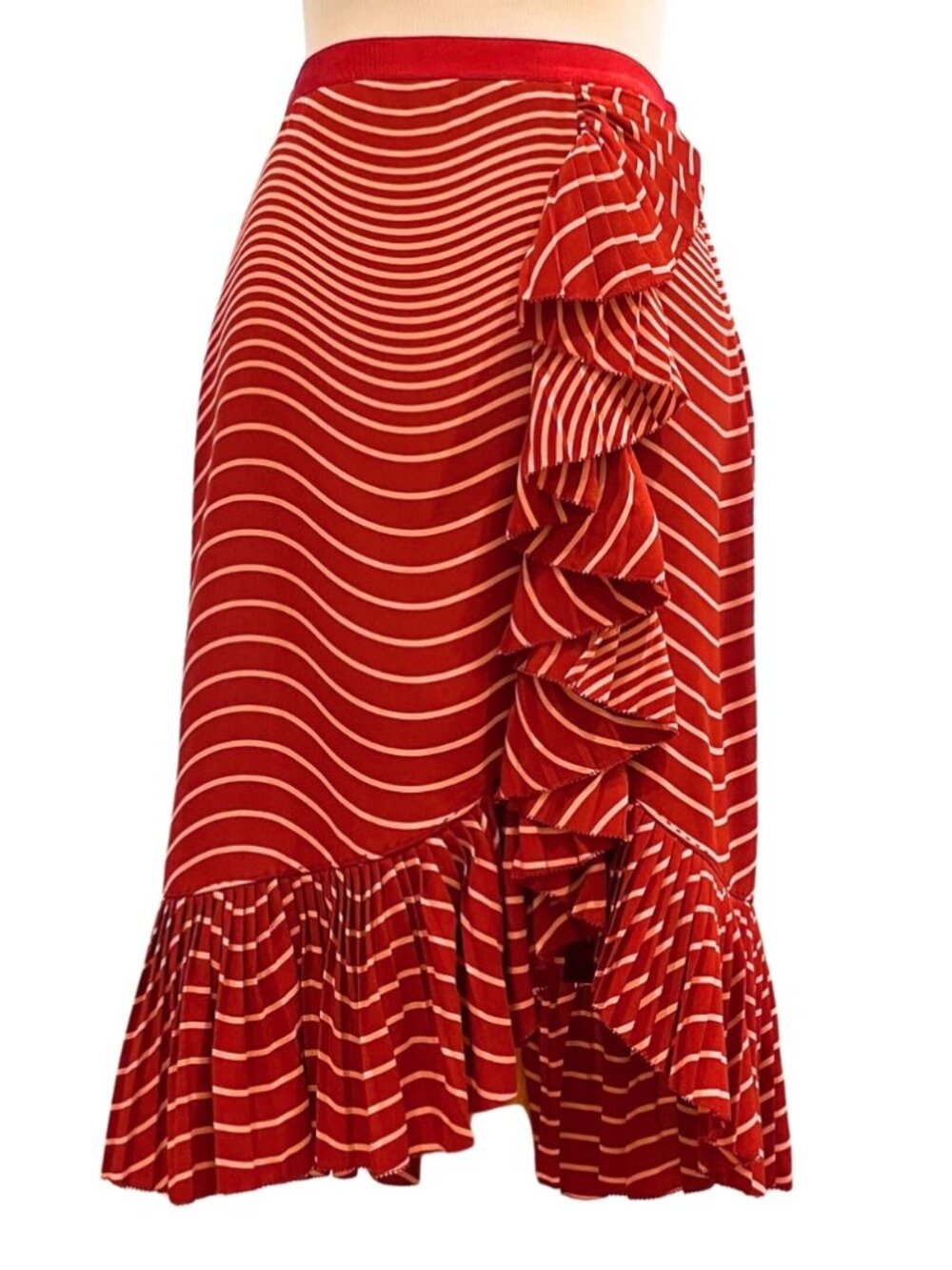 TORY BURCH Pure 100% Silk Red Maroon Ruffle Opalina High Waist/Rise Midi Skirt